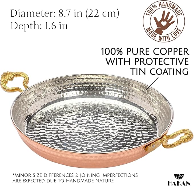Hakan Copper Egg Pan for Cooking | Handmade Large Frying Pan | Hammered Skillet with Double Handles for Omelette | Authentic Kitchen Cookware & Copper Gifts Idea, 8.7??(22 cm)