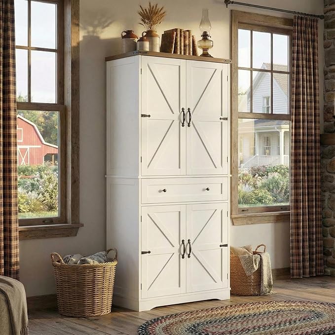HOSTACK 71" Tall Pantry Cabinet, Farmhouse Kitchen Pantry with Storage Shelves, Barn Doors Food Storage Cabinet, Freestanding Kitchen Hutch with Large Drawer for Living Room, White + Rustic Brown