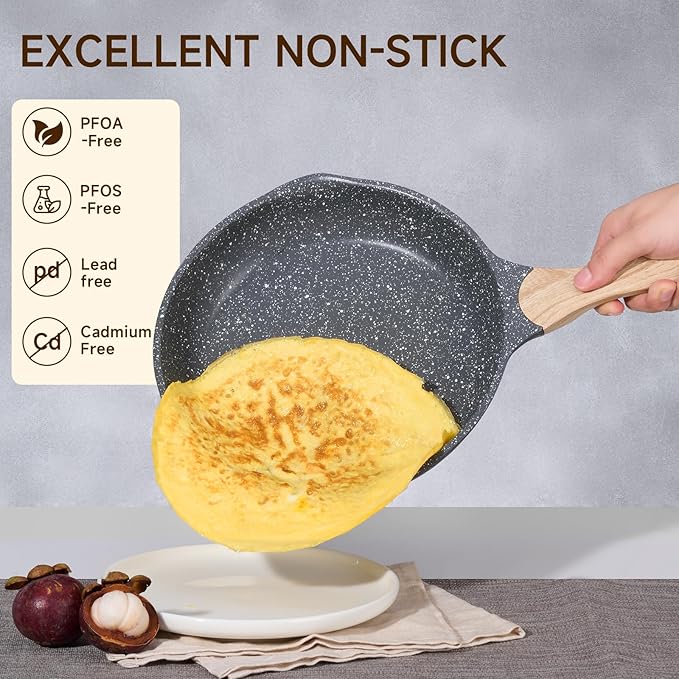 JEETEE 9.5 Inch Nonstick Frying Pan, Stone Coating Cookware, Nonstick Omelette Pan with Heat-Resistant Handle, Compatible with All Stoves (Grey)