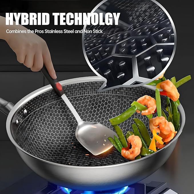 13.4??Stainless Steel Wok Pan with Lid ??Honeycomb Non Stick Stir Fry Pan for Induction, Gas, Electric & Ceramic Cooktops ??Tri-Ply Deep Frying Wok with Stay-Cool Handle, PFOA-Free