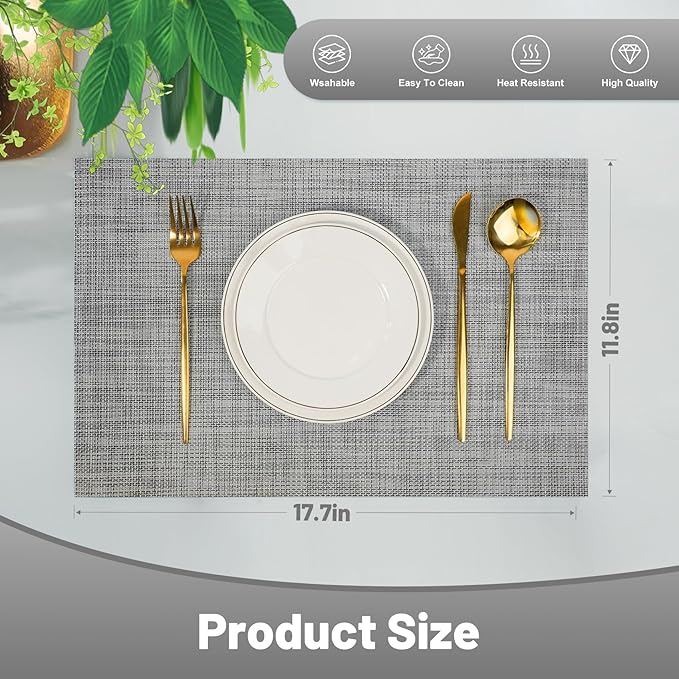 flohar Placemats Set of 12竊똍on-Slip PVC Weave Table Mats Easy to Clean竊똇eat Resistant Place Mats for Kitchen Dining Table Decoration Indoor Outdoor竊똆ray