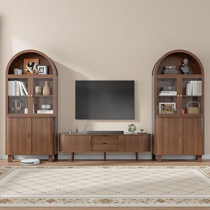 69" Tall Kitchen Pantry Storage Cabinet with Sliding Door, Modern Curved Edge Pantry Storage Cabinet with Glass Door & Adjustable Shelves, Walnut Cupboard for Kitchen, Dining Room, Living Room, Office