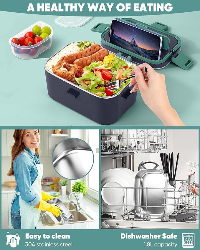 Eocolz Electric Lunch Box Food Heater Warmer 100W, 1.8L Portable Heated Lunch Box for Car Truck Work with Stainless Steel Container Fork & Spoon 12/24/110V Lonchera El챕ctrica