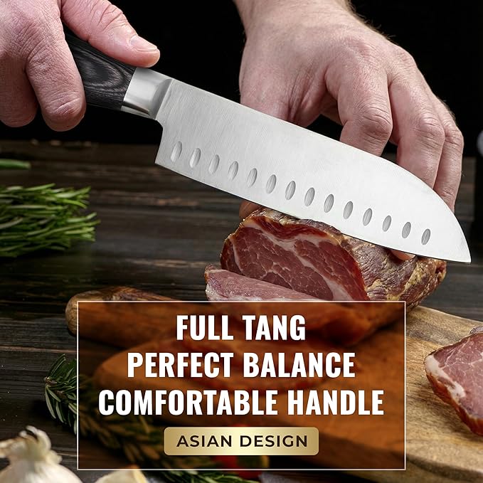 Santoku Knife ??Ultra Sharp 7 Inch Meat and Vegetable Japanese Knife for Chopping, High Carbon Stainless Steel Blade, Full Tang Pakkawood Handle ??Shinobi Series