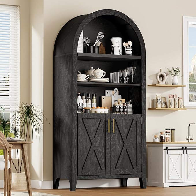 Arched Kitchen Pantry for, 63" Tall Wooden Entryway Storage Cabinet with 2 Doors & 5 Tier Adjustable Shelves, Versatile Farmhouse Hallway Organizer for Entryway, Bedroom, Dining Room