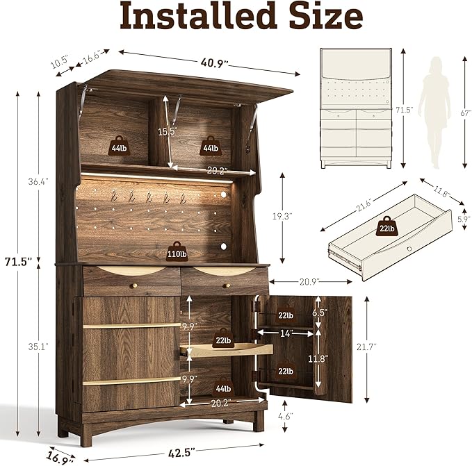 STO'SENSE 72?쇺?Kitchen Pantry Cabinet w/Power Outlets, Tall Storage Cabinet w/LED Light, FILP-up Door & Pegboard, Freestanding Kitchen Hutch w/Drawers, Solid Wood Handles (Walnut)