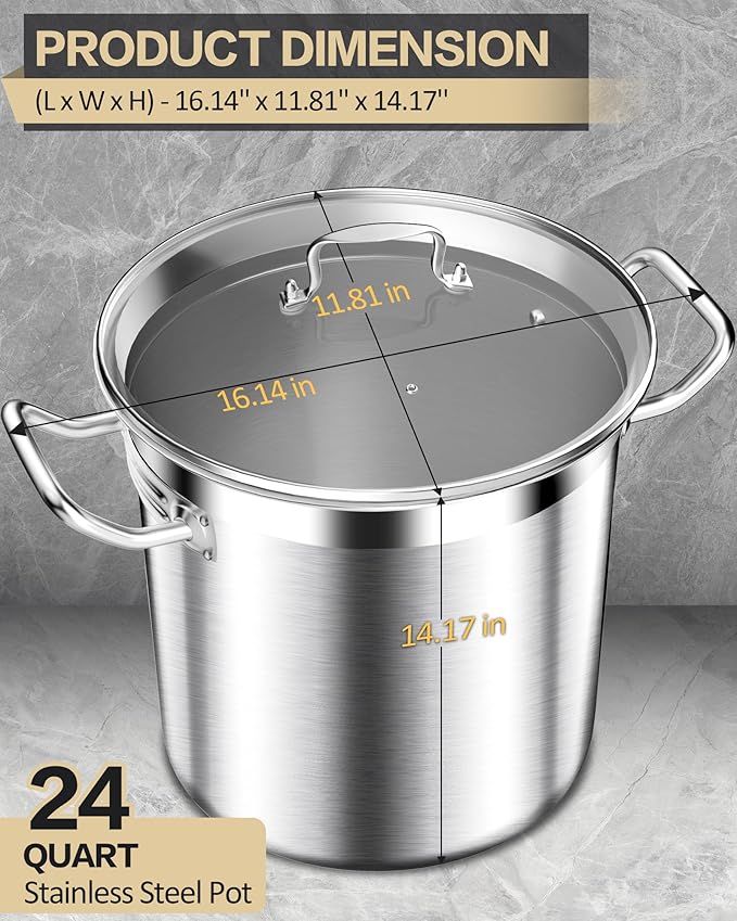 Stainless Steel Stock Pot with Lid ??24 Quart (6 Gallon) Heavy-Duty Cooking Pot for Soup, Stew, Pasta ??Commercial & Home Use, Easy to Clean