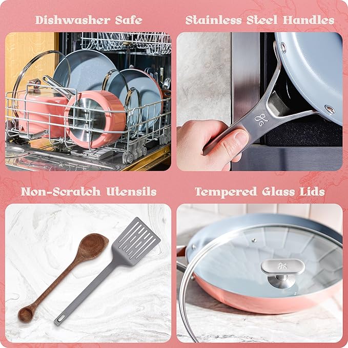 Premium Non-Toxic Ceramic Cookware Set ??Triple-Layer Nonstick 12 Piece Pots and Pans with Lids, PFAS-Free, Oven Safe for Healthy Meals, Space-Saving Design, Coral Pink Color | Greater Goods