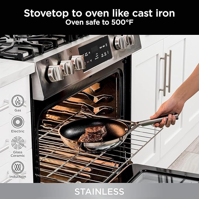 RV pan Stainless Steel Non Stick Fry Pan Set,8 & 10 Inch,Gas Electric Induction Compatible,PFOA Free,Dishwasher Safe,Oven Safe up to 500째F,2-Piece Cookware,Even Heat Distribution & Stay Cool Handles.