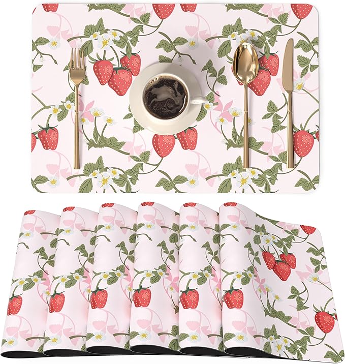 QIYI Placemats Set of 6, 12x18 Inch Faux Leather Place Mats for Kitchen Dinning, Heat Resistant Anti Slip Pink Table Mats, Waterproof Wipeable Washable Placemat Party Table D챕cor, Sweet Strawberry