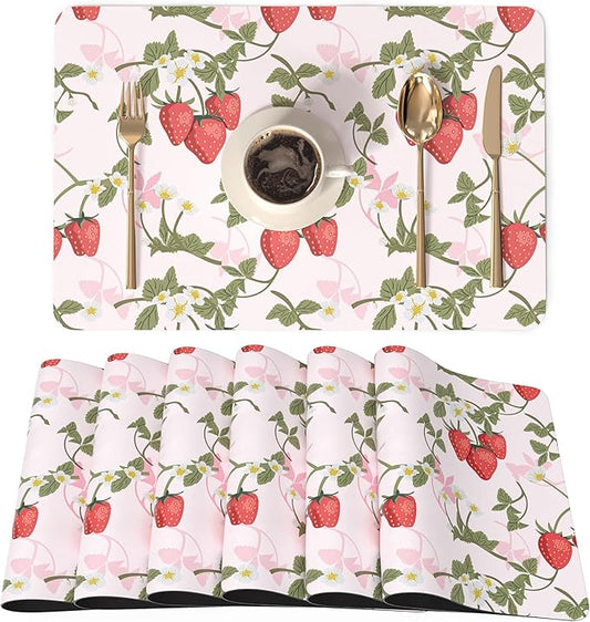 QIYI Placemats Set of 6, 12x18 Inch Faux Leather Place Mats for Kitchen Dinning, Heat Resistant Anti Slip Pink Table Mats, Waterproof Wipeable Washable Placemat Party Table D챕cor, Sweet Strawberry