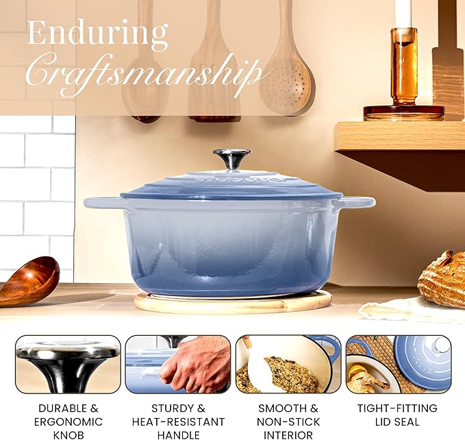 Nuovva Enamelled Cast Iron Dutch Oven Pot with Lid 6.4 Quart Non Stick Casserole Pot ??Heavy Duty & Oven Safe up to 500째 F for Bread Baking, Braising, Stews, Roasting ??28cm Costal Blue