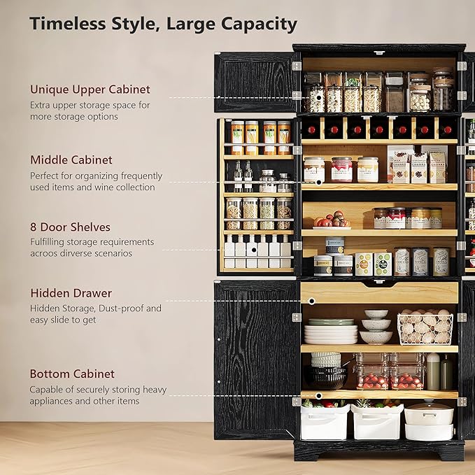 Merax 78.2" Tall Kitchen Pantry Storage Cabinet, Farmhouse Freestanding Large Cupboard with Hidden Drawer, Cabinet, 4 Adjustable Shelves, 8 Door-Shelf & 7 Wine Rack for Dining Room, Black