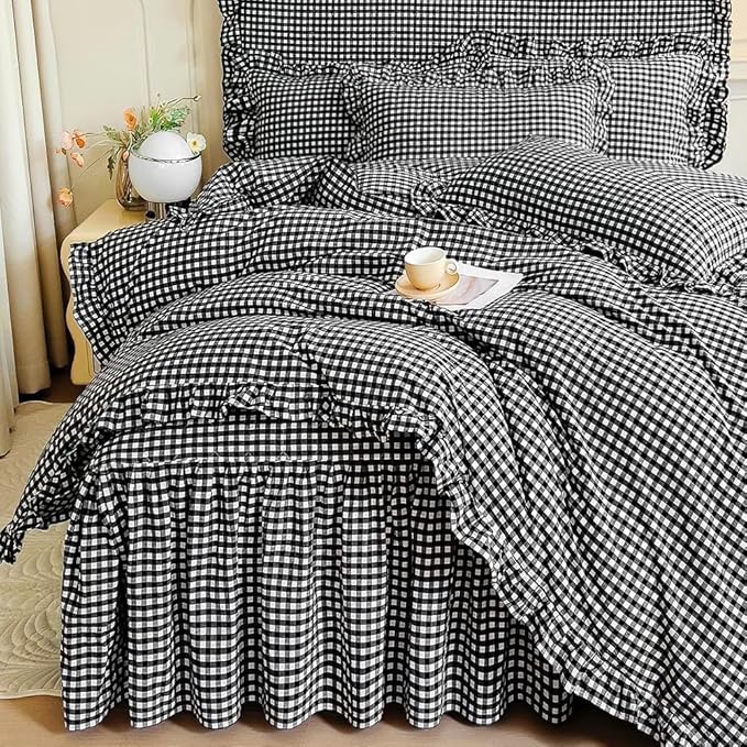 LifeTB Black Gingham Comforter Set Full Size Ruffle Plaid Checkered Pattern Comforter Farmhouse Plaid Gingham Bedding Comforter Set with 2 Pillowcases Luxury Soft Fluffy Grid Bedding Set Full Size