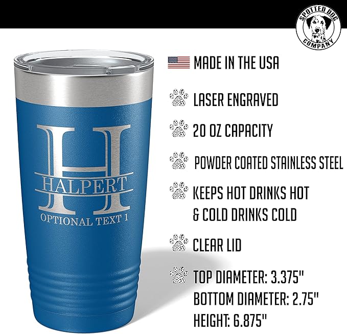Personalized 20oz (17 Colors) Powder Coated Insulated Stainless Steel Tumbler with Lid, Custom Etched, Customized Engraved Gift Idea for Women Men Her Him, Halpert Monogram Initial Name (Royal Blue)
