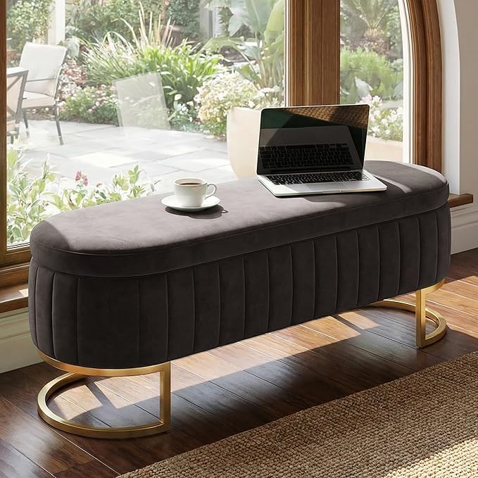 VIROL 65 Inch Storage Ottoman Bench Velvet End of Bed Storage Bench King Size Upholstered Tufted Bench Large Space for Bedroom Living Room Entryway Dark Grey