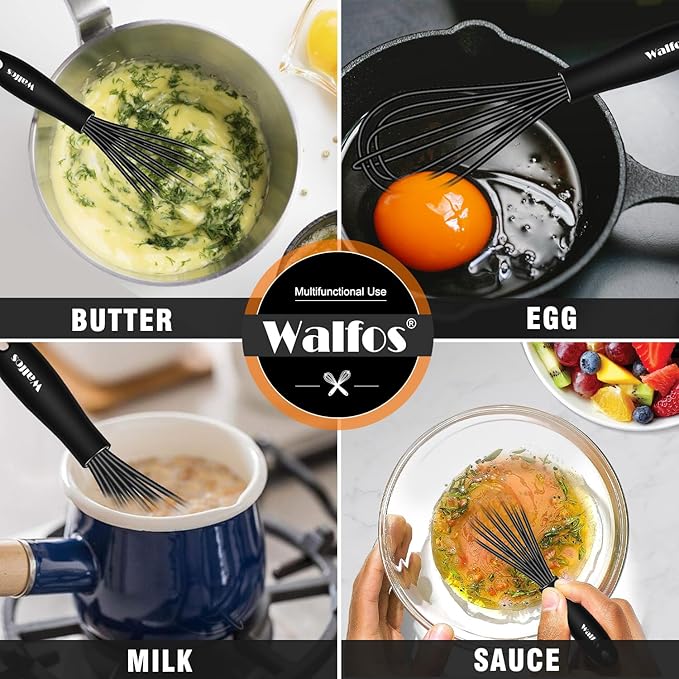 Walfos Whisk 5+7in/12cm+17cm Mini Whisk,Silicone Whisks Non Scratch Heat Resistant (480째F). Nice for stirring individual eggs and mixing small amounts of powder and sauce.Dishwasher Safe.Black