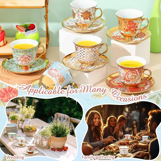 Set of 12 Tea Cups and Saucers Tea Party Decorations Floral Porcelain 7.4 oz British Gift for Women Birthday Party, Church, and Mother's Day (Stylish Style)