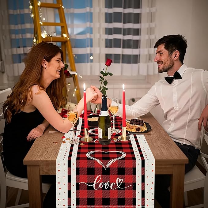 Valentines Day Table Runner 13x36 Inch, Buffalo Plaid Love Hearts Valentine Table Runner, Anniversary Home Kitchen Dining Table Holiday Party Decorations
