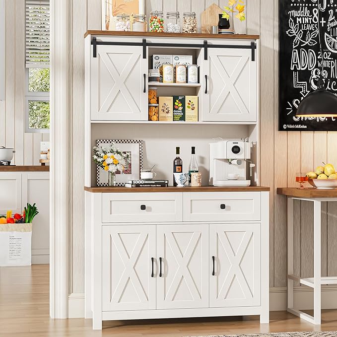 67.7 Inch Farmhouse Pantry Storage Cabinet with Sliding Barn Doors, 2 Drawer Farmhouse Coffee Cabinet with Adjustable Shelf, Side Board with Buffet Cupboard for Livingroom Kitchen, White