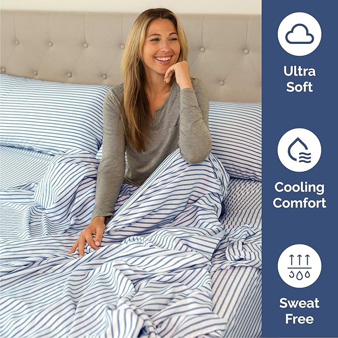 Queen 6 Piece Sheet Set - Cooling & Breathable Bed Sheets - Hotel Luxury Bed Sheets for Women, Men, Kids & Teens - Bedding w/Deep Pockets & Easy Fit - Soft & Wrinkle Free - Queen Blue Stripes Sheets