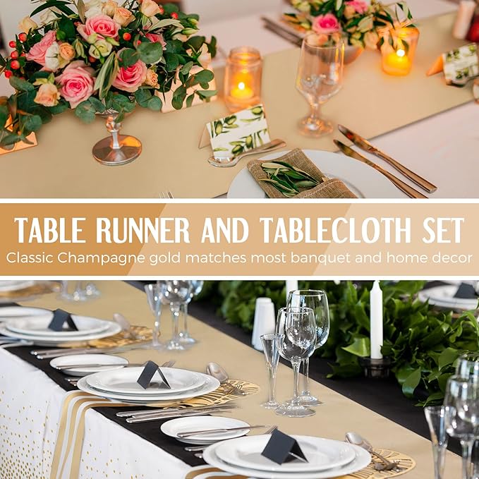 Tudomro 16 Pieces White and Gold Disposable Plastic Tablecloths and Satin Table Runner Set 54x108 Inch Tablecloth 12x108 Inch Table Runners for New Year Wedding Birthday Baby Shower Graduation