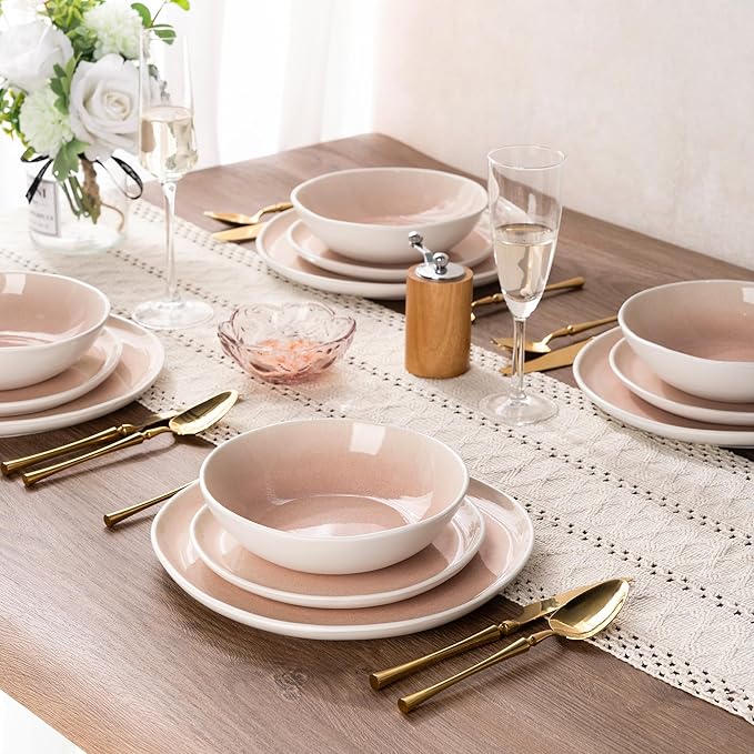 AmorArc Ceramic Dinnerware Sets,Handmade Reactive Glaze Stoneware Plates and Bowls Sets,Highly Scratch Resistant | Dishwasher & Microwave Safe Dishes Set,Service for 8 (24pc)-Pink