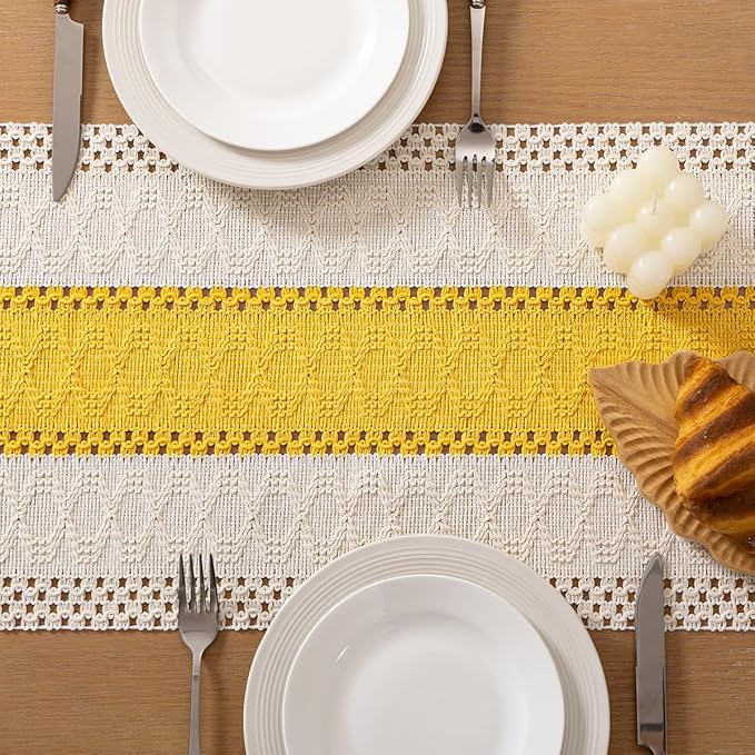 Socomi Boho Table Runner Valentine's Day Farmhouse Rustic Dining Kitchen Centerpiece Decor Small Macrame Woven Cotton Coffee Table Runner for Dresser Scarf Home Decor 12x48 in Yellow Gold Ivory