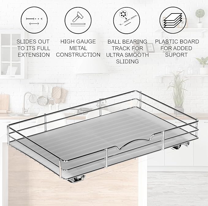 Pull Out Cabinet Organizer for Spices, Cans - Heavy Duty with Lifetime Limited Warranty- Pull Out Spice Rack- Cabinet Pull Out Shelf for Cans,Dishes, Etc, 16-3/8"Wx 10-1/2"D x 2-3/4??H, Chrome