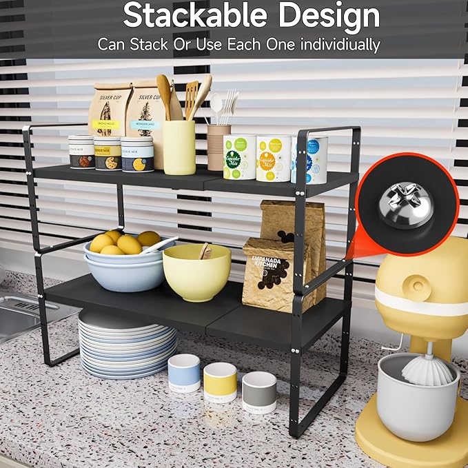 16.5-27?쇺셂 Expandable Kitchen Shelf Organizer, Stackable Shelves Organizer, Adjustable Height Pantry Spice Rack for Cabinet, Countertop, Pantry and Cupboard, Black