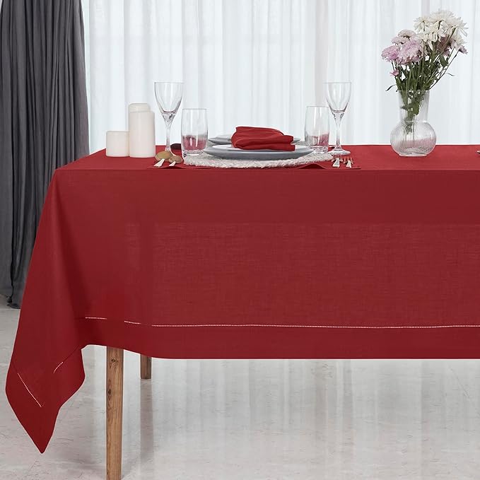 D'Moksha Homes Red Linen Tablecloth 60 x 120 Inch - 100% Pure Linen Hemstitch Tablecloth for Rectangle Tables - Classic Hemstitch, Machine Washable Table Cloth for Valentines, Spring