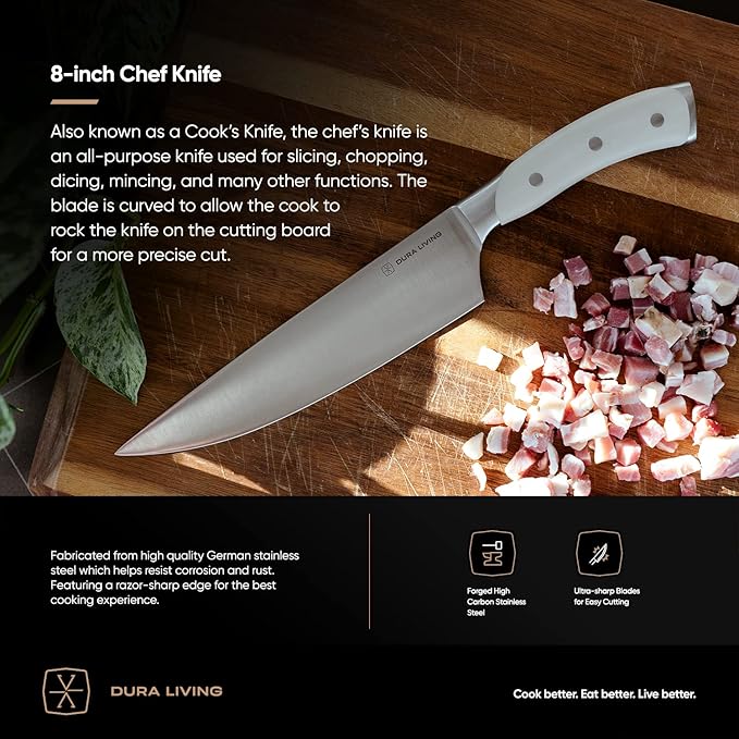 DURA LIVING 8-Inch Chef Knife ??Ultra-Sharp German High Carbon Stainless Steel, Full Tang, Ergonomic Handle, Multipurpose Kitchen Knife for Chopping, Slicing, and Dicing, Cream