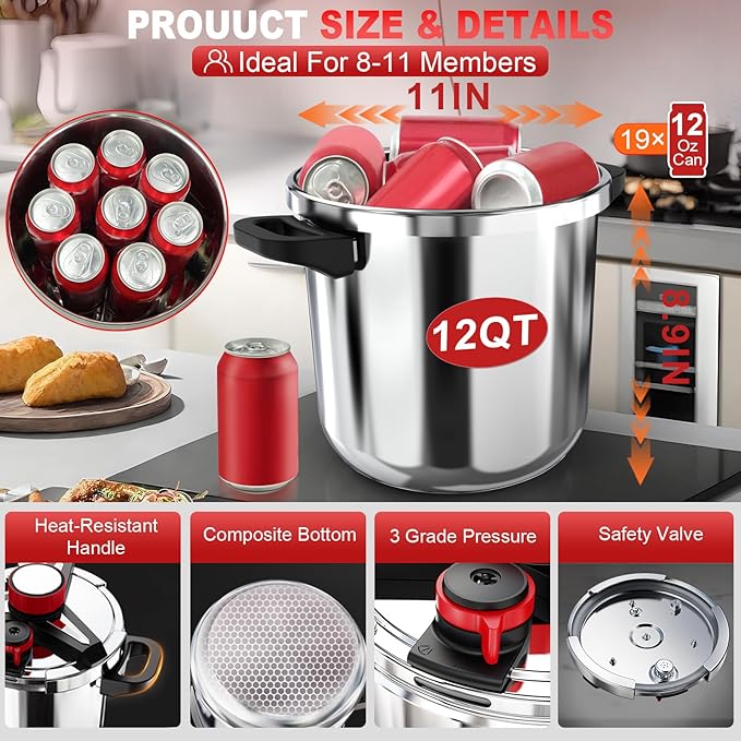 18/8 Stainless Steel Pressure Cooker 12 Quart, [One-Hand Locking] Olla de Presion, [3-In-1] Pressure Cooker, Induction Compatible, Gas Stovetop Compatible,Includes Glass Lid & Steamer Rack