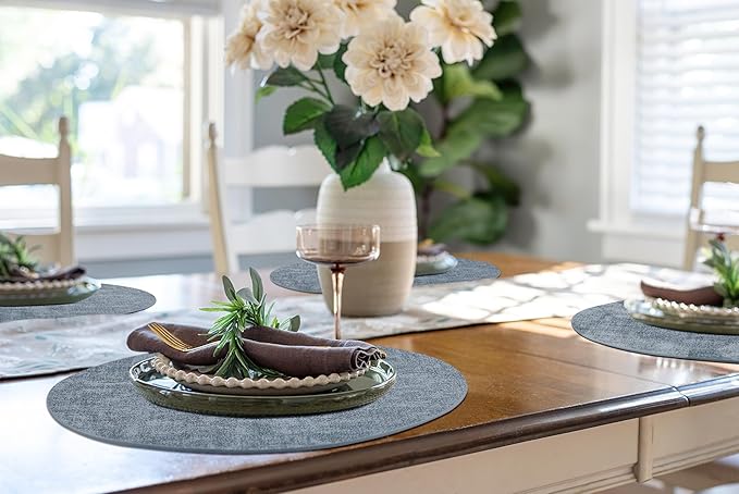 homing Round Faux Leather Placemat and Coaster 6 Packs, Washable Heat Resistant Dining Place Mats, Wipeable Double-Sided Table Mats for Indoor and Outdoor, Diameter 13 and 3.93 inch, Blue