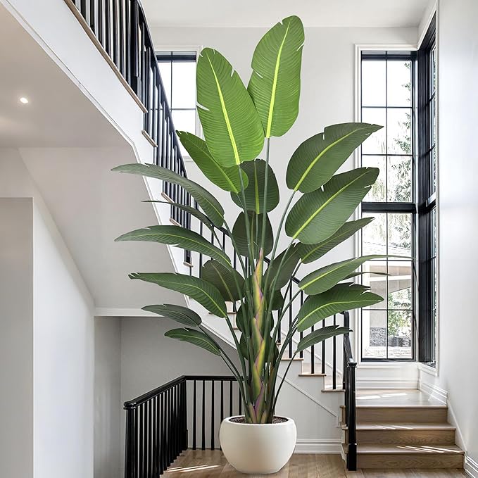 Bird of Paradise Artificial Plant 9FT, 108" Tall Artificial Plants Indoor with 25 Realistic Banana Leaves and Large Trunks, Faux Tropical Trees with Pot for Home Living Room Office Indoor Decor