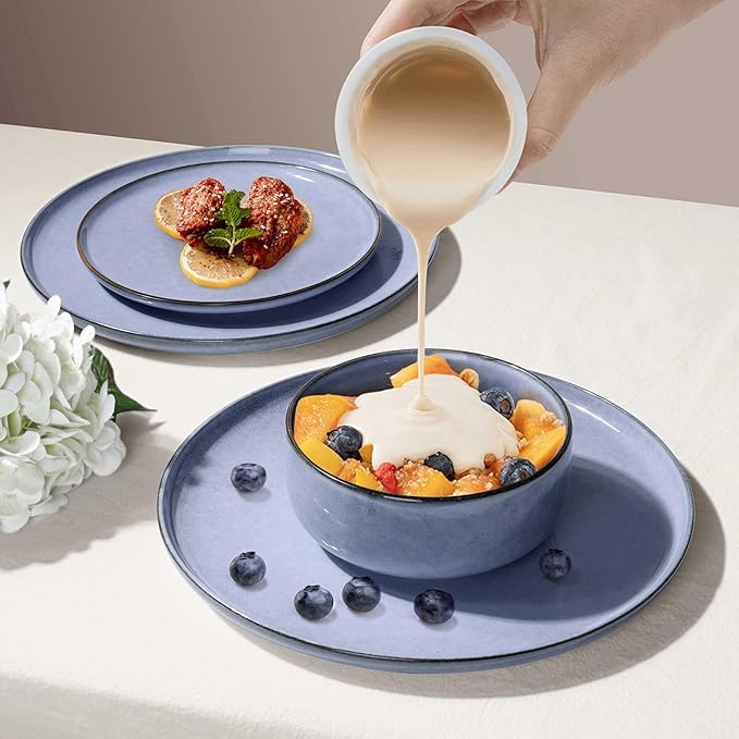 Herogo 18-Piece Stoneware Dinnerware Sets for 6, Stackable Dinner Plates and Bowls Sets, Double Reactive Glaze Dishware Place Setting for Kitchen, Scratch Resistant, Microwave Safe, Haze Blue