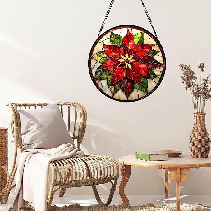 Stained Glass Window Hanging - Red Poinsettia Birth Flowers Suncatcher for Door Garden Yard Sun Catchers Decor Christmas Mother's Day Birthday Gifts for Women Mom Nana Teacher Friend 7.8 in