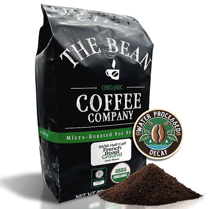 The Bean Organic Coffee Company 50/50 (Half Caff) French Roast, 50% Decaf, Dark Roast, Ground Coffee, 5-Pound Bag, Caf챕 Molido Tostado Org찼nico descafeinado
