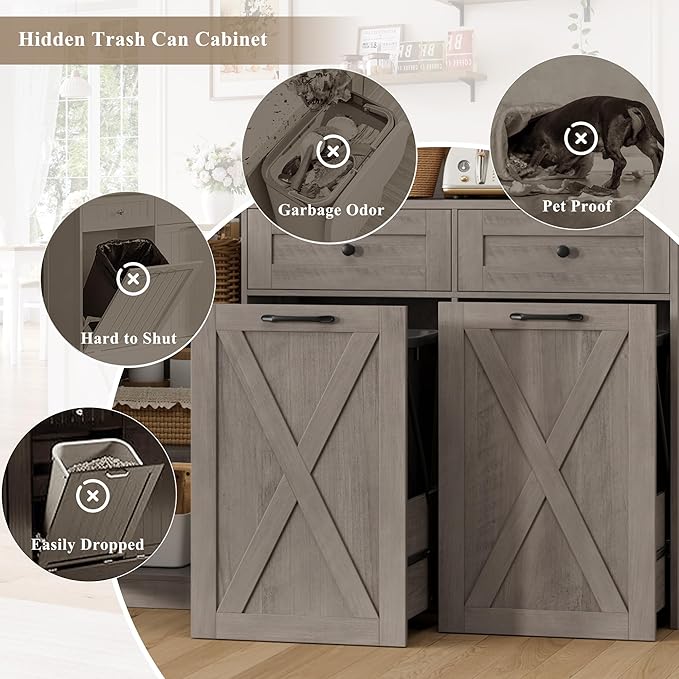 HOSTACK 71" H Kitchen Trash Can Cabinet, 12.5 Gallon Double Pull Out Garbage Can Hutch Cabinet with Trash Bin Storage Holders, 47" Wide Kitchen Pantry with Hidden Garbage Storage, Ash Grey