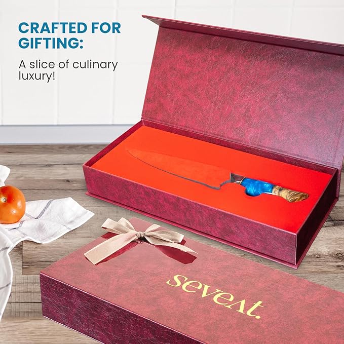 Damascus Kitchen Knife, 67-Layer Damascus Steel, 13??Professional Chef Knife for Kitchen, Ergonomic Wood & Resin Handle in Gift Box, Ideal for Gifting (Blue, 1 piece)