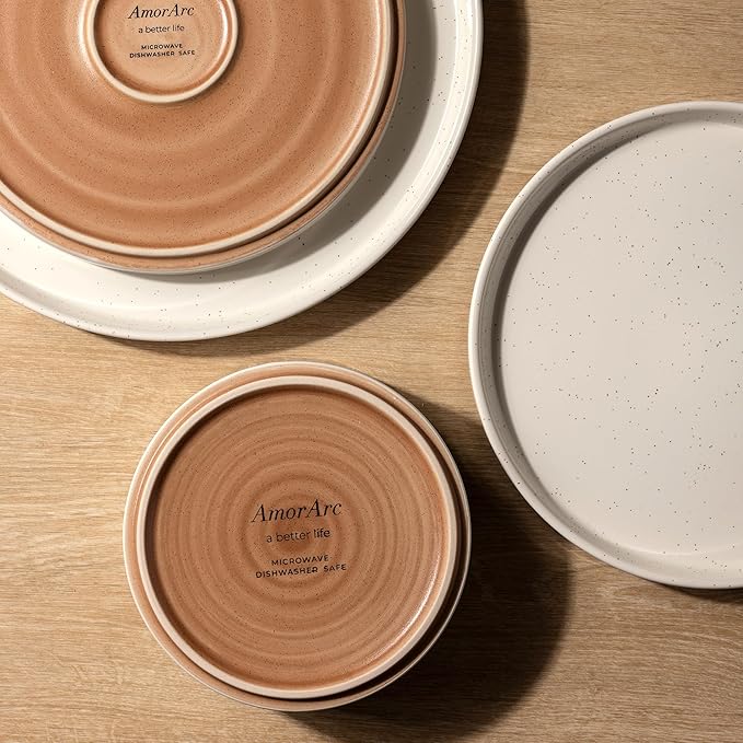 AmorArc Ceramic Dinnerware Set for 4 | Speckled Stoneware Plates and Bowls with unglazed terracotta | Scratch Resistant, Dishwasher & Microwave Safe Modern Dishes Sets- 12-Pcs Beige