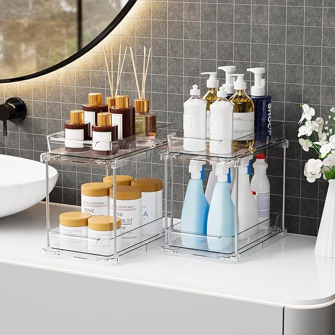 Yieach 2 Pack 2 Tier Pull Out Drawers for Medicine Cabinet Organizer,Bathroom Under Cabinet Storage,12.1??Deep Pantry and Medicine Shelf Organizer for Toiletry Product,Vitamin Bottle and Supplement