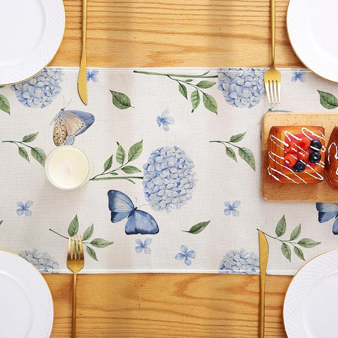 ZCHOMI Hydrangea Butterfly Table Runner 13x72 Inch Summer Flowers Spring Kitchen Dinning Table Decoration for Indoor Outdoor Home Party D챕cor