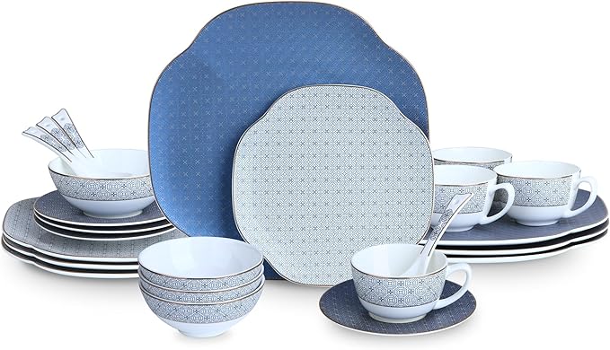 Blue 24 Piece Porcelain Dinnerware Set,Bone china for 4, Plates and Bowls Sets With Grid pattern, Highly Chip and Crack Resistant | Dishwasher Safe Dishes Set (Deep Blue + Grid)