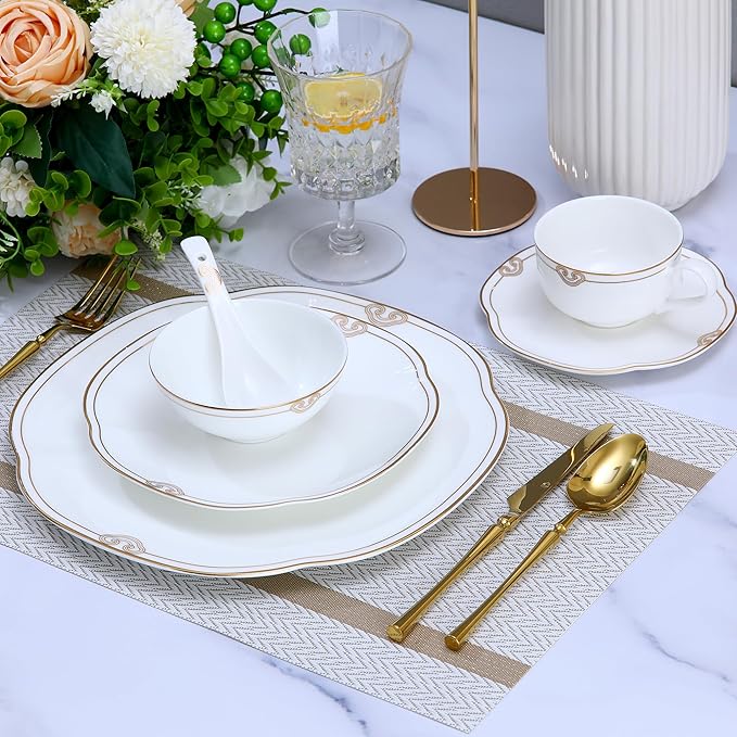 24 Piece White Porcelain Dinnerware,Bone china Set for 4,Plates and Bowls Sets With Double Gold Rim, Highly Chip and Crack Resistant | Dishwasher Safe Dishes Set (White & Double Gold Rim)