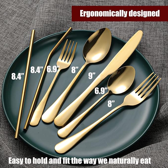 28 Pieces Gold Silverware Service for 4 Flatware Set Stainless Steel Utensils Cutlery Set Dishwasher Safe Flatware (Gold, 28)