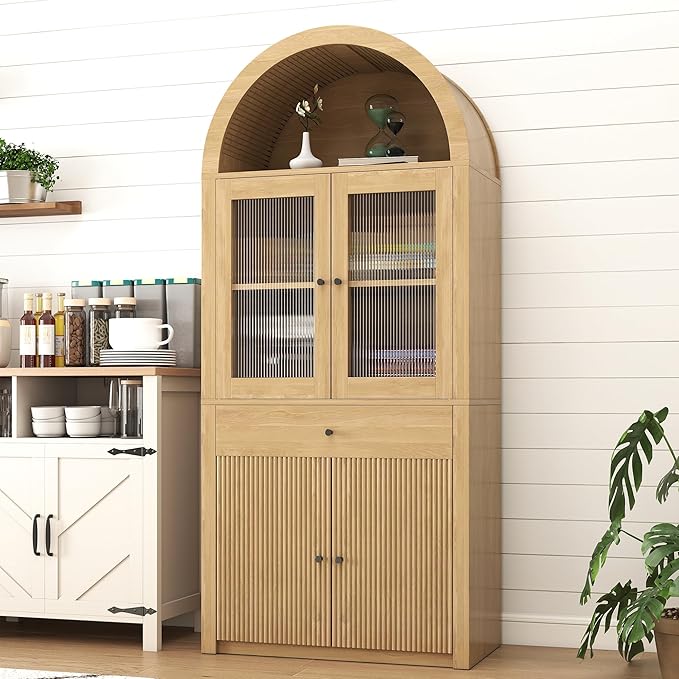 Hadulcet 71" Tall Arched Kitchen Pantry Cabinet, Farmhouse Kitchen Storage Cabinet with Drawers & 4 Doors, Adjustable Shelves, Acrylic Fluted Panel, Wood Cupboard Buffet Organizer, Light Wood