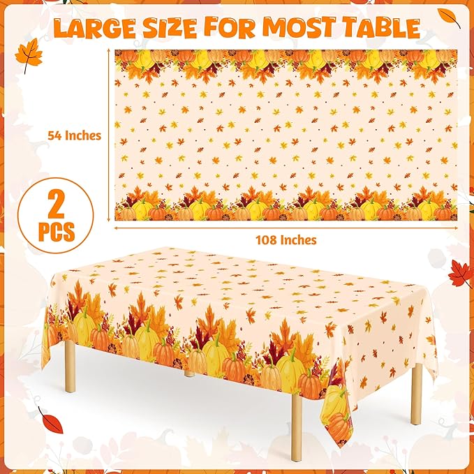 QZYL 2 Pack Thanksgiving Tablecloths, 54" x 108" Friendsgiving Plastic Tablecloth, Rectangle Disposable Tablecover Pumpkin Tablecloth, Thanksgiving Decorations Fall Table Decor Party Supplies