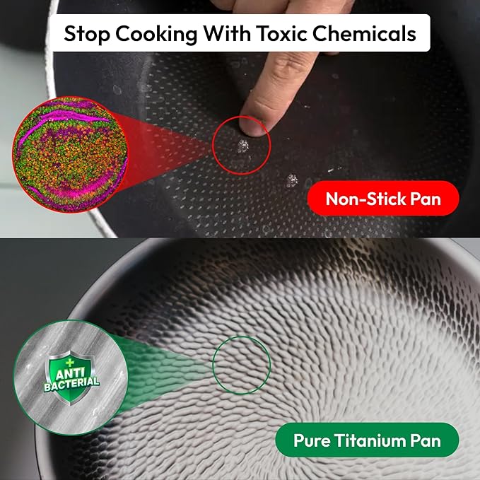 Plateful Titanium Pan For Cooking 12" - Pure, No Coating Non-Stick Titanium Cookware, Frying Pans, Hammered Pan, Safe For Oven, Induction & Cooktops Up To 750째F, Includes Lid