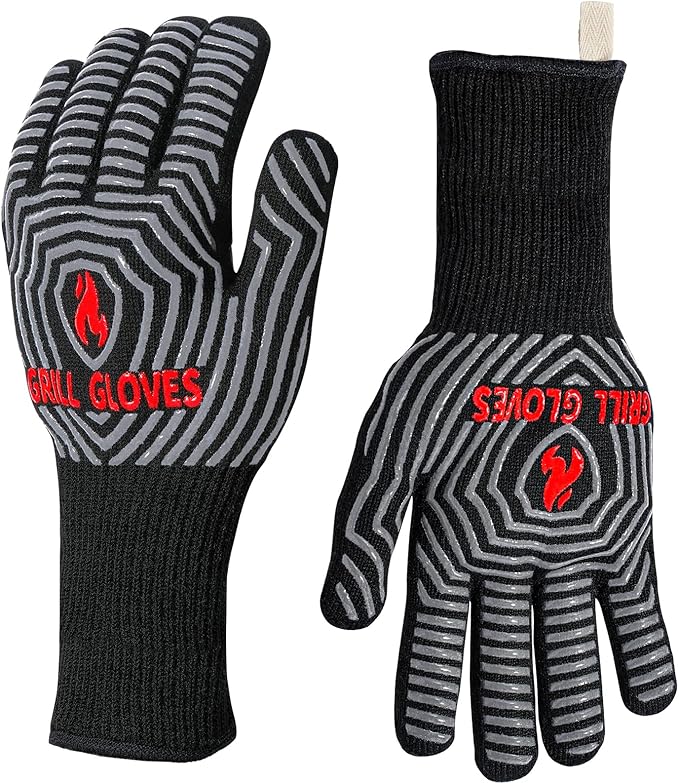QUWIN BBQ Gloves, Oven Gloves 1472??Extreme Heat Resistant, Grilling Gloves Silicone Non-Slip Oven Mitts, Kitchen Gloves for BBQ, Grilling, Cooking, Baking-1 Pair??(Black, One Size(Long Cuff))